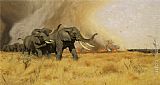 Wilhelm Kuhnert Elephants Moving Before a Veldt Fire painting
